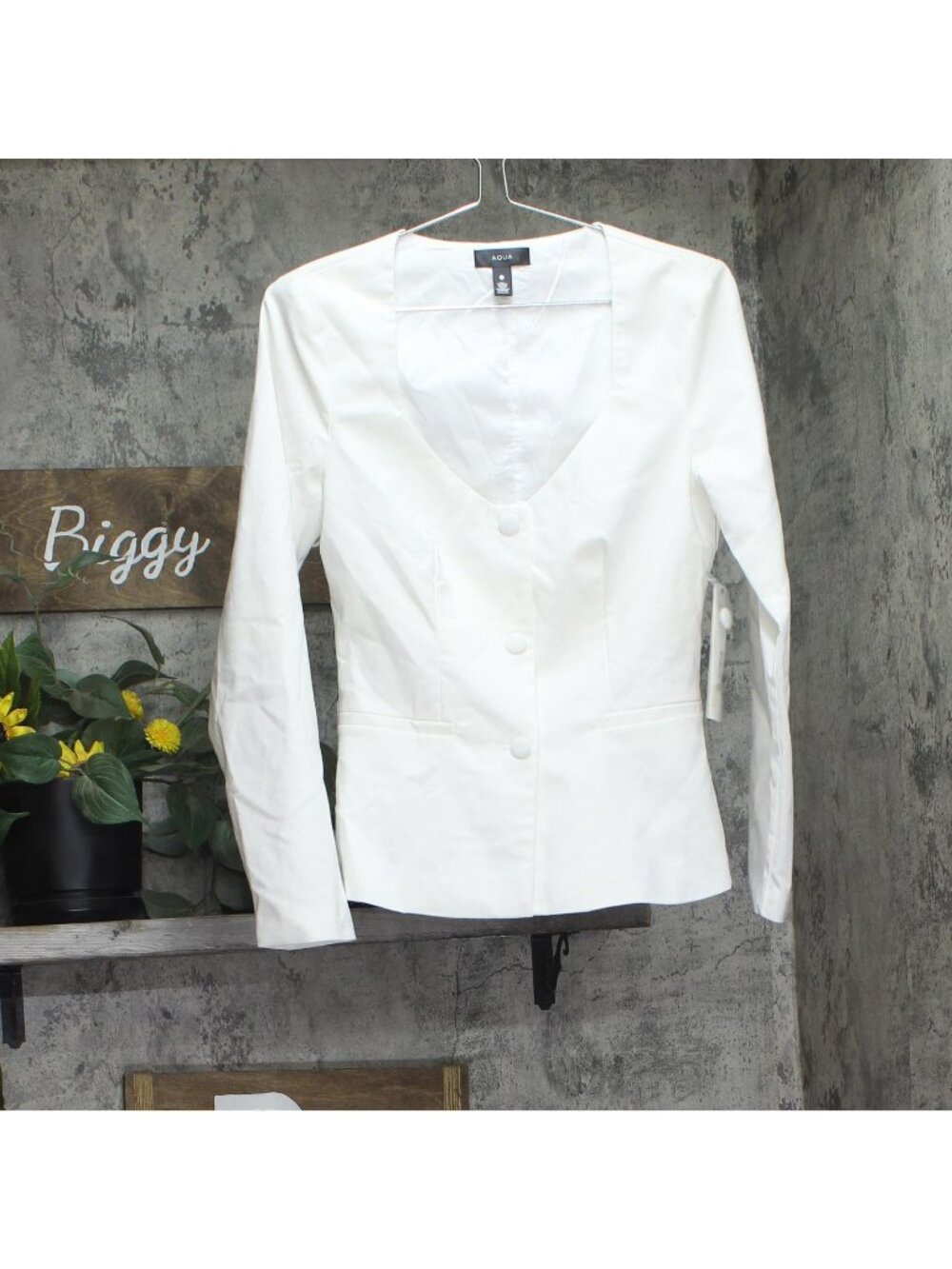 Aqua Linen Blend Square Neck Button Front Collarless Jacket Ivory Off White S